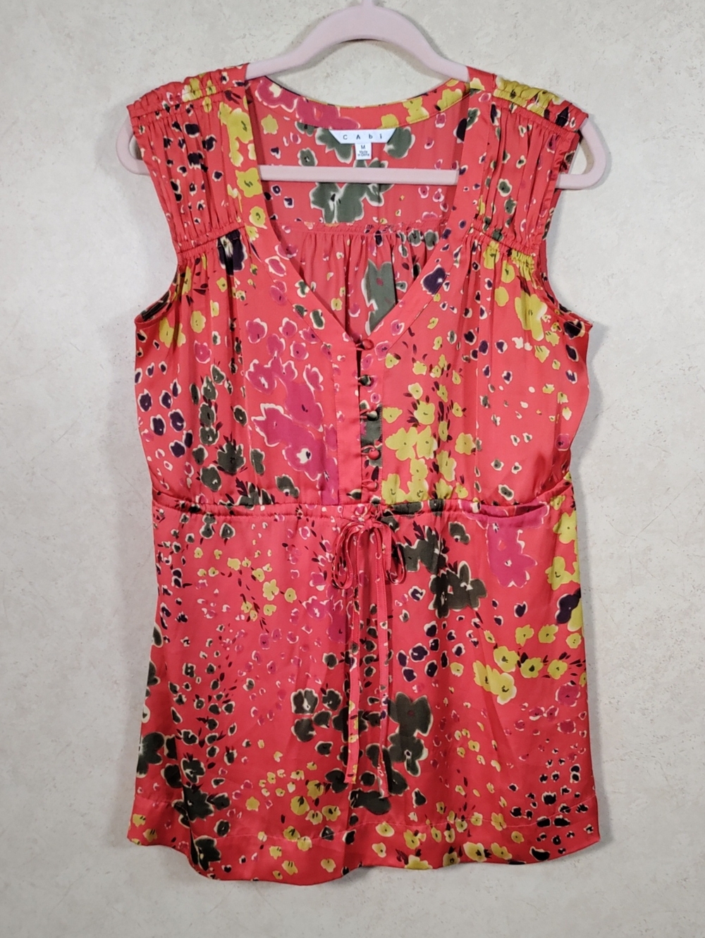 H180 CAbi Coral Floral Drawstring Sleeveless Top M